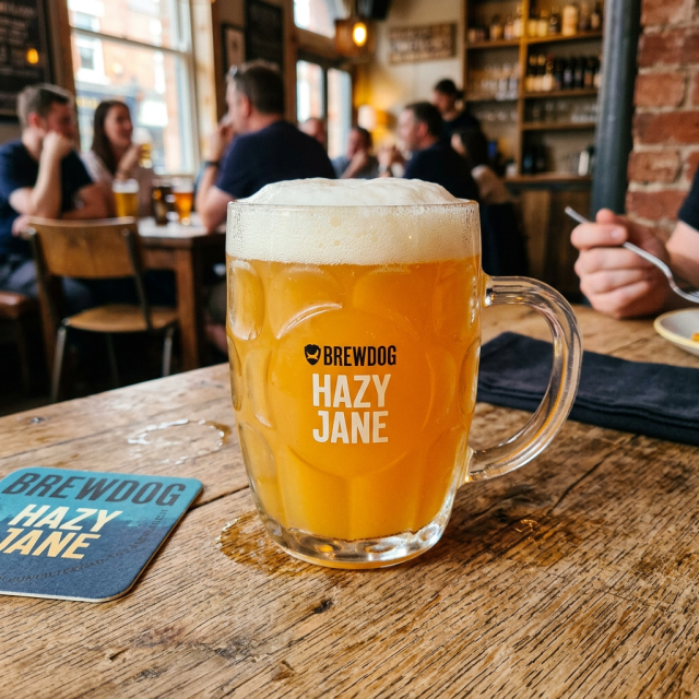 Glass mug of BrewDog Hazy Jane beer with foam on top on a wooden table