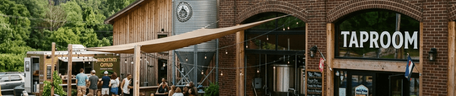Outdoor seating area at Blue Ridge Brew Works taproom with people drinking beer and socializing